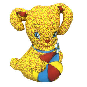 Vtg 1960-70s HONEY THE BUNNY w/Beach ball Hand Sewn Yellow Floral Plush Toy 14"